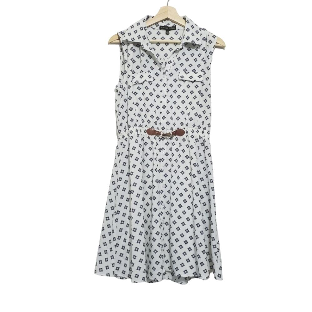Always Indigo | Petite Geometric Pattern Button Front Short Sleeve Shirt Dress